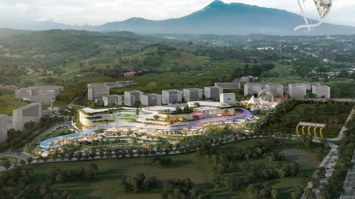 Render aerial Summarecon Mall Bogor dengan ferris wheel dan latar Gunung Salak